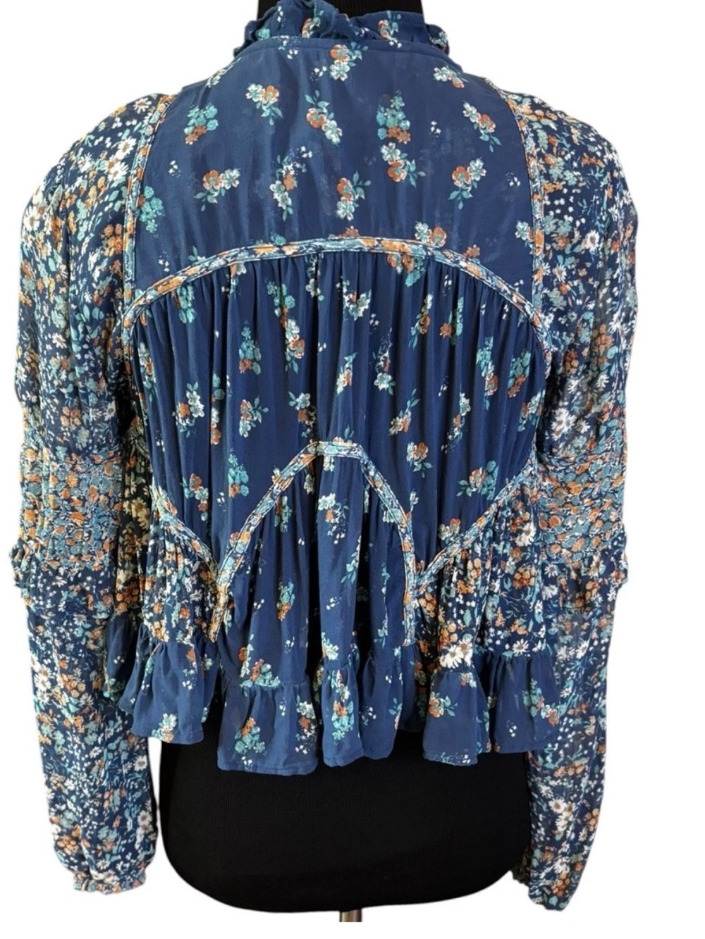 Anthropologie Sheer Babydoll Blouse Blue Floral XS Extra Small Boho Flutter Top - Picture 6 of 7